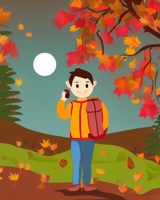 Image similar to autumn hillside boy with camping bag illustration light color