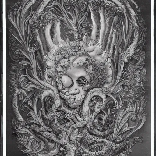 Prompt: a beautiful detailed rococo 8 0's photo of a rotten woman corpse morphing into fractal plants and fractal flowers and mushrooms, face muscles, veins, anatomical, intricate, ornate, volumetric light, beautiful lit, beetlejuice