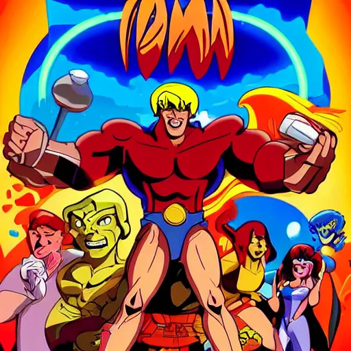 Prompt: TV poster of a animated movie based on original he-man TV show