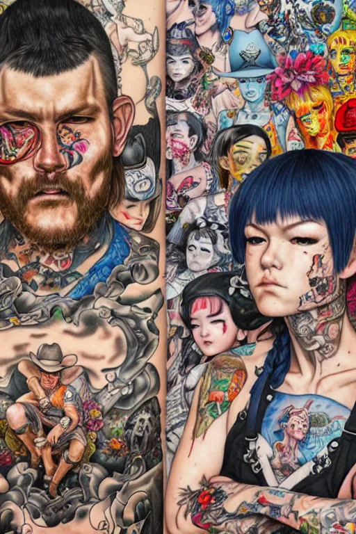 Prompt: full view, from a distance, of cowboys with tattoos, style of yoshii chie and hikari shimoda and martine johanna, highly detailed