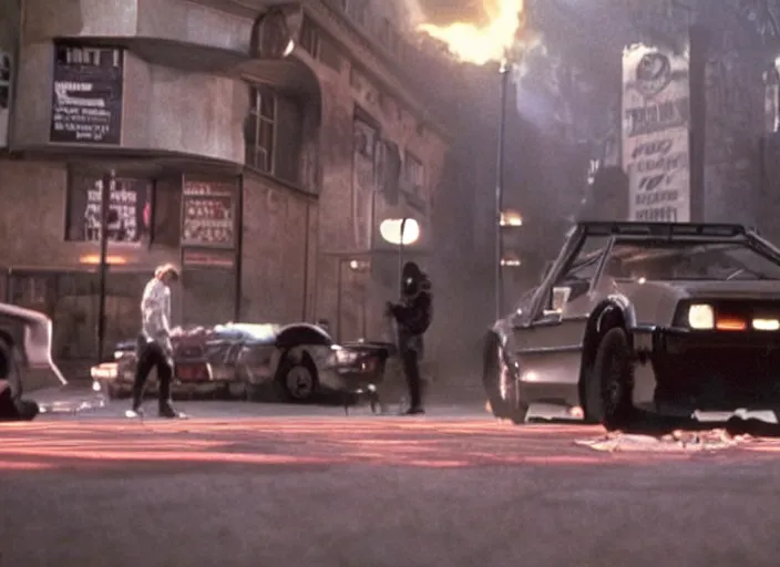 Image similar to screenshot from the iconic scene from the lost Back to the Future film directed by Martin Scorsese, cinematic lighting, unsettling set design with extreme detail, moody cinematography, with anamorphic lenses, crisp, detailed, 4k image, starring Marty Mcfly