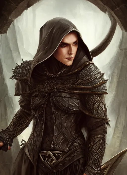 Image similar to a serious hooded half elf middle aged rogue, strong, full body, 8 k, hyperrealistic, dragon slayer, hyperdetailed, fantasy portrait by laura sava