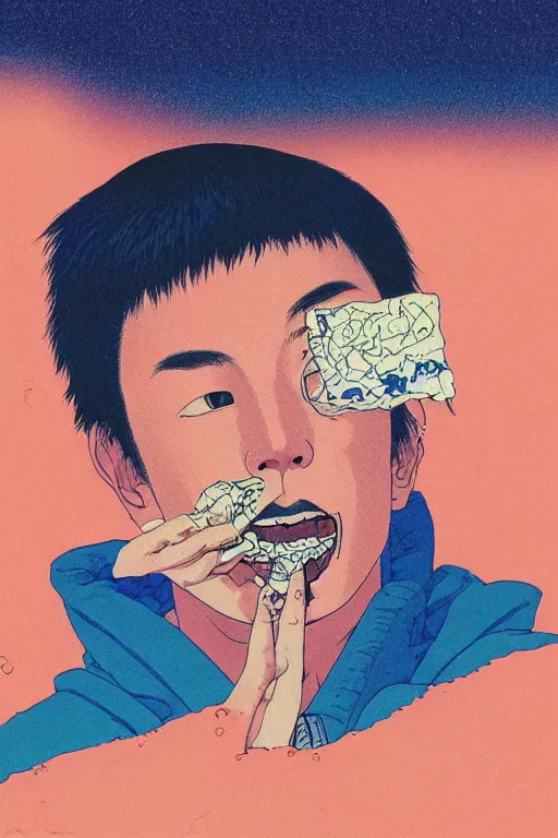 Image similar to a scifi closeup portrait of a young japanese man licking a blotter paper of LSD acid on his tongue and dreaming psychedelic hallucinations in cosmos, by kawase hasui, moebius, Edward Hopper and James Gilleard, Zdzislaw Beksinski, Steven Outram colorful flat surreal design, hd, 8k, artstation