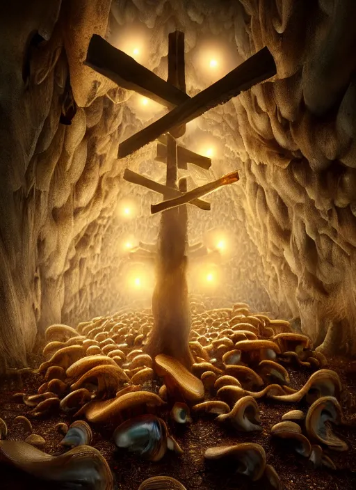 Image similar to a beautiful macro photography on a rotten stump is a small family of conical oyster mushrooms, conical oyster mushrooms suspiciously reaching for an dissected cross on the wall, beautiful magic shiny dissected cross on the wall, hyper detailed, warm volumetric lights, made by gerald brom and mike winkelmann, photorealism