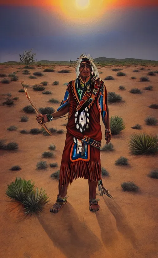 Prompt: full shot picture of indigenous leader standing in the desert, painted by lucian frued, hd, realistic lighting