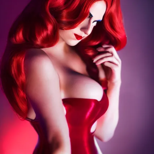 Image similar to Jessica Rabbit cosplay by Emma Watson, 8k, professional photography, cinematic studio shot, dark, smoke