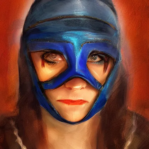 Prompt: bandit from ‘ icewind dale ’ and with a blue mask lined with copper, ‘ icewind dale 2 ’ portrait by ‘ justin sweet ’, pretty face, falling snow, soft focus, oil paint,