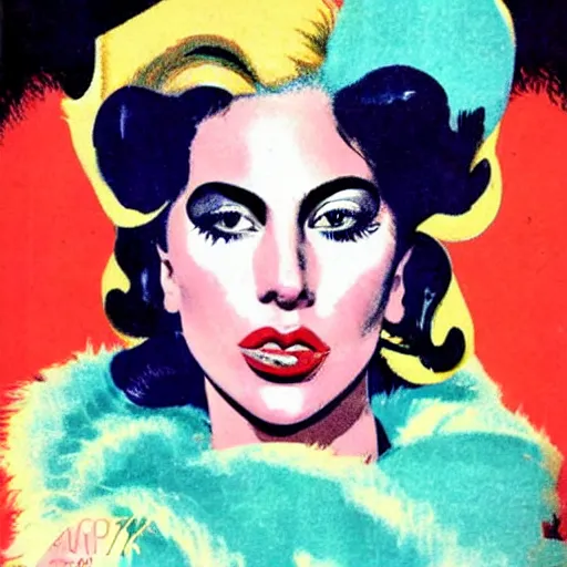 Image similar to Lady Gaga portrait, color vintage magazine illustration 1950