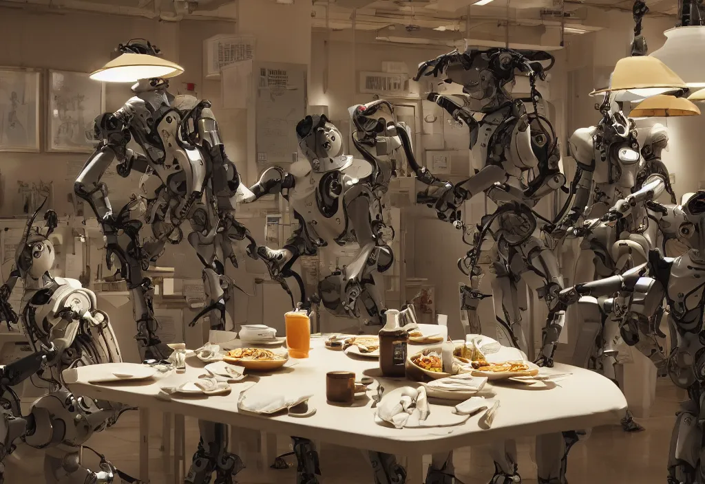 Image similar to accidentally wes anderson award - winning photograph of boston dynamics robots on a lunch break eating breakfast and drinking coffee, epic calm scene, 4 k, detailed, art by greg rutkowsky, trending on artstation, cinematic lighting, filmic grain, golden hour, detailed, 4 k