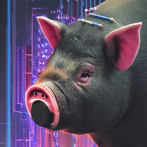 Image similar to a portrait photograph of a big aggressive male cyberpunk pig, circuit boards, motherboard, mainboard, wires, cable management, electrical wires, activity lights, cyberpunk, artstation, detail, hyperrealistic, digital photograph, natural light canon eos c 3 0 0, ƒ 1. 8, 3 5 mm, 8 k