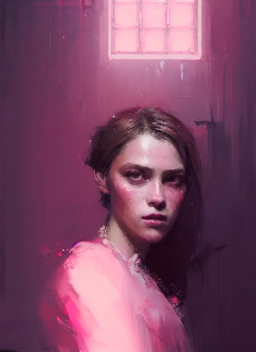 Image similar to indoor portrait of a beautiful girl, shades of pink, beautiful face, rule of thirds, intricate outfit, spotlight, by greg rutkowski, by jeremy mann, digital painting