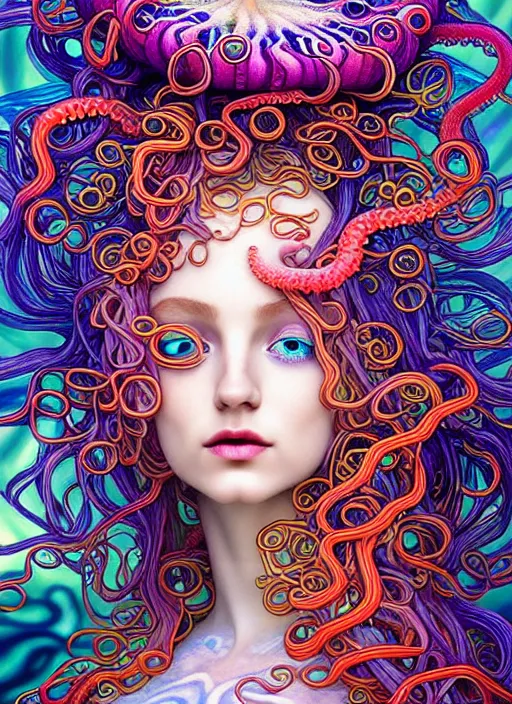 Image similar to A sea goddess with colorful tentacles hair having an colorful enlightening, magic mushrooms, psilocybin, LSD, face, detailed, intricate, elegant, highly detailed, digital painting, artstation, concept art, smooth, sharp focus, illustration, art by Krenz Cushar, Artem Demura, alphonse mucha, Octane render, unreal engine, 8K