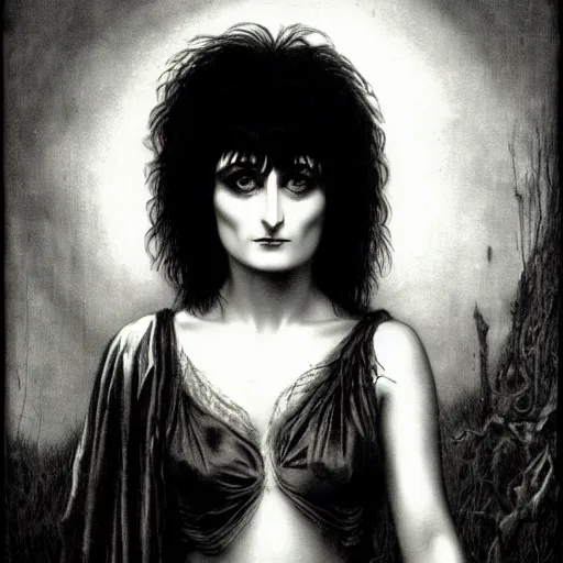 Image similar to siouxsie sioux, creepy atmosphere, dark, portrait, realistic, very realistic, illustration by gustave dore