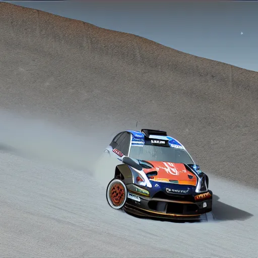 Prompt: a fast rally car going downhill unreal engine, vray 3 d