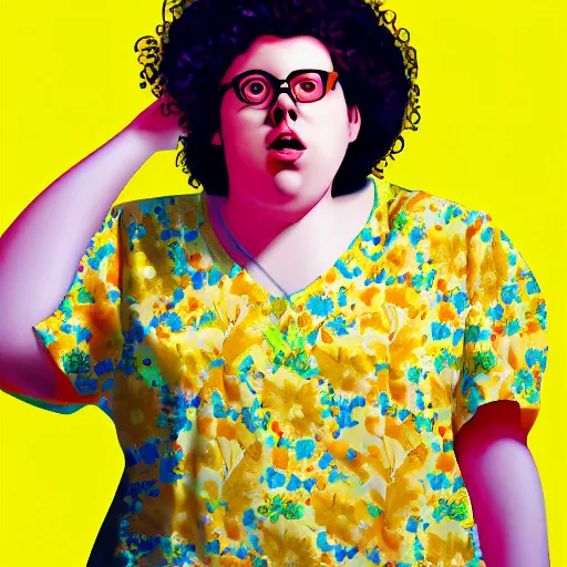 Image similar to colorful and festive cute young plus size todd solondz with tan skin, clear sharp todd solondz face, wearing yellow floral blouse. full body, rich vivid pastel colors, ambient lighting, dynamic lighting, 4 k, atmospheric lighting, painted, intricate, highly detailed by francis bacon and charlie bowater