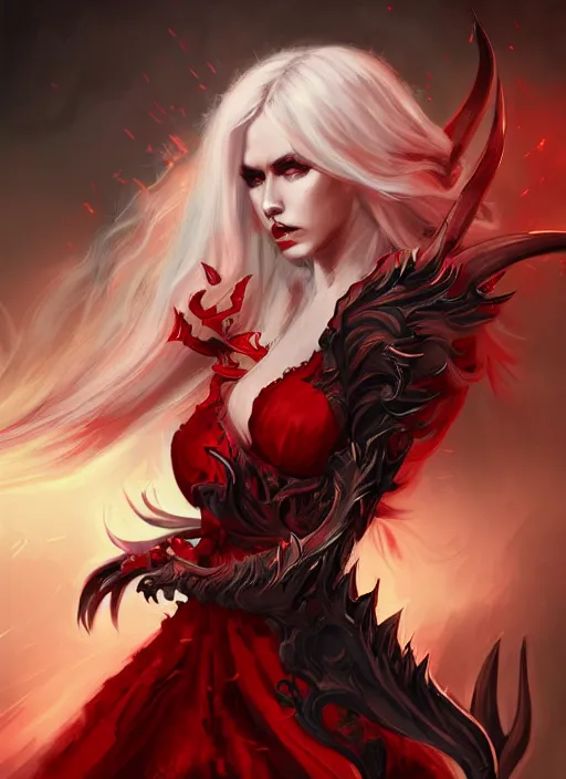 Prompt: a highly detailed illustration of fierce beautiful long white haired horned demon woman wearing red and black battle dress, dramatic imposing pose, perfect face, perfect body, intricate, elegant, highly detailed, centered, digital painting, artstation, concept art, smooth, sharp focus, league of legends concept art, wlop.