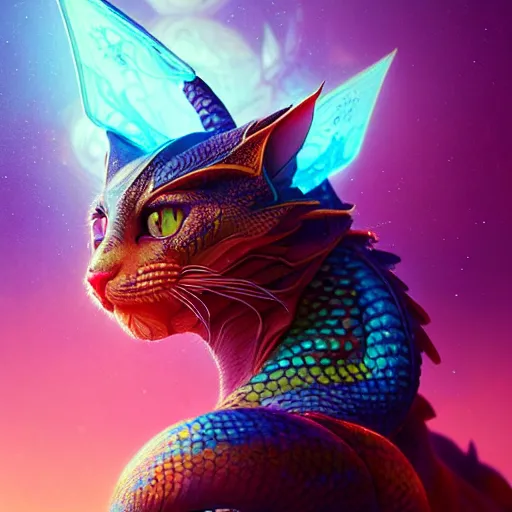 Image similar to beautiful colorful dragon cat. intricate portrait, occult cyberpunk, ancient futuristic, dark art, occult. by Petros Afshar, by artgerm, by Eddie Mendoza, by Peter mohrbacher, octane render, 3d, unreal engine, depth of field, bokeh, motion blur, blur