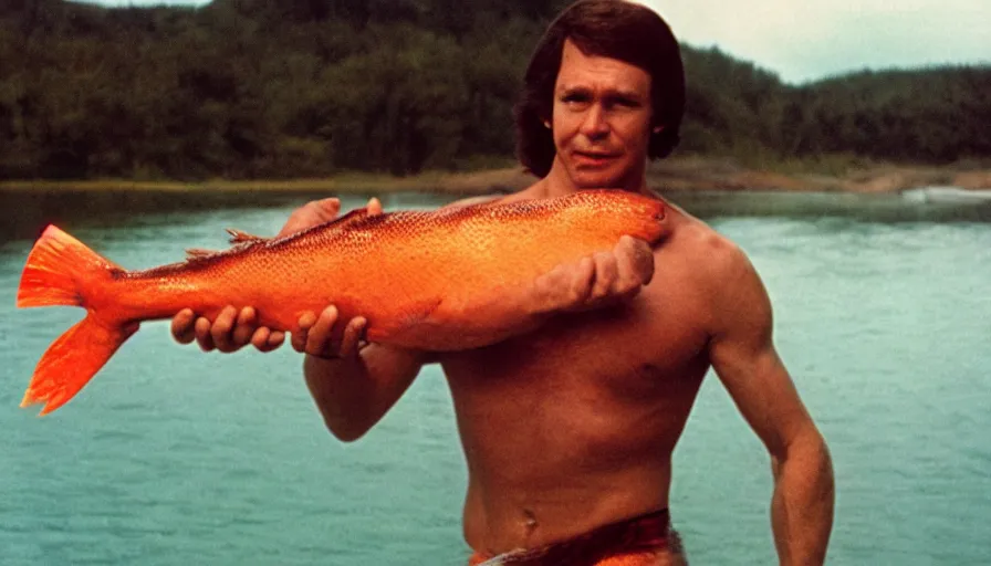 Prompt: 7 0 s movie still of putin in speedo, proudly holding a salmon, focus on face. cinestill 8 0 0 t _ 3 5 mm eastmancolor, heavy grain, high quality, high detail