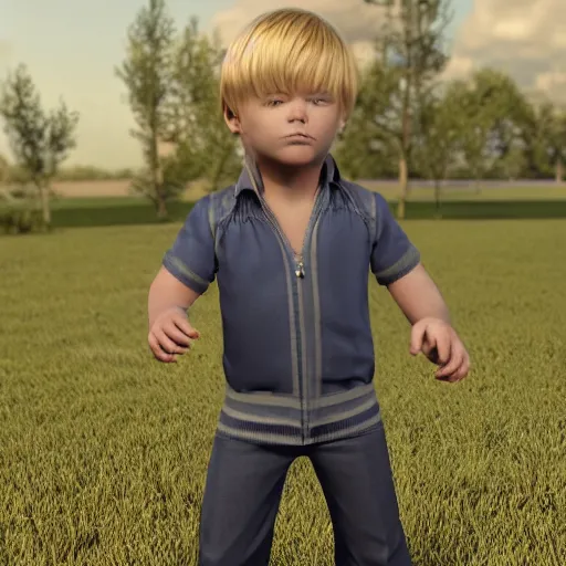 Image similar to full body unreal engine 5 render of a blonde boy with a highly detailed face