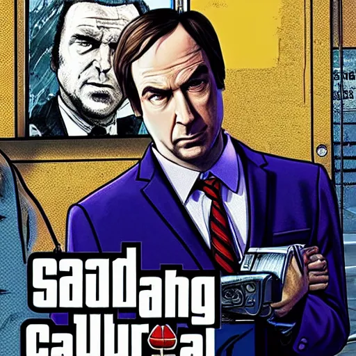 Image similar to Saul Goodman from Better Call Saul as a GTA character portrait, Grand Theft Auto, GTA cover art