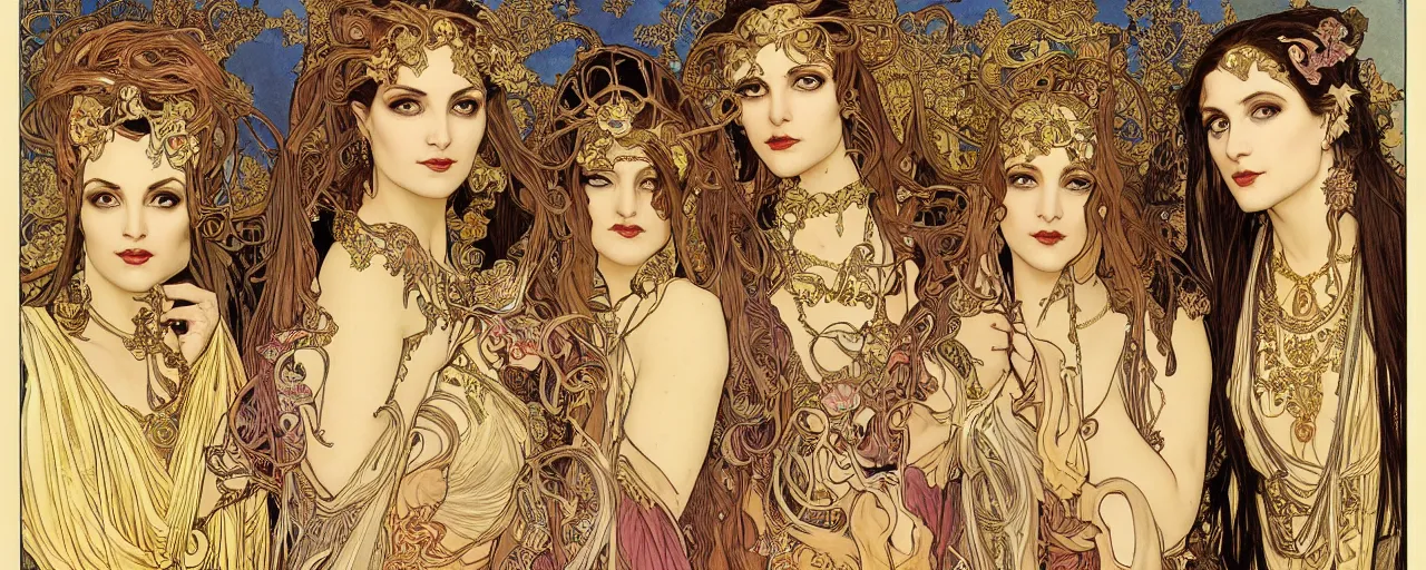 Image similar to stunning exotic art nouveau portrait of the three fates as beautiful mythological heavy metal sisters of the night by chris achilleos, michael kaluta and alphonse mucha, photorealism, extremely hyperdetailed, perfect symmetrical facial features, perfect anatomy, ornate intricate declotage, spikes, confident expression, wry smile, eldritch powers, witchcraft