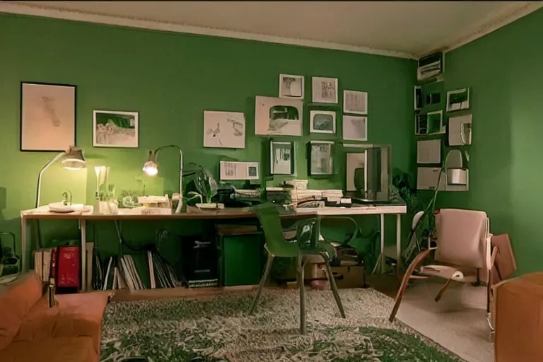 Prompt: apartment organization inspo green and fluffy, in 2 0 5 5, y 2 k cybercore, low - light photography, bathed in the glow of a crt monitor, still from a wes anderson movie