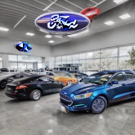 Prompt: photo a ford dealership showroom, with multiple electronic vehicles on display, hyperealistic, instagram, pinterest, behance, stock photo, canon, 8 k