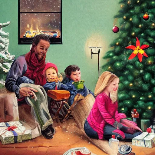 Prompt: “a holiday realistic painting of a happy family sitting in the foreground there’s a beautiful woman with a symmetric face with two young children on her lap, a boy and a girl. There’s a green Christmas tree and a log fire burning in the background. On the sofa in the background a scruffy homeless man sleeping.”