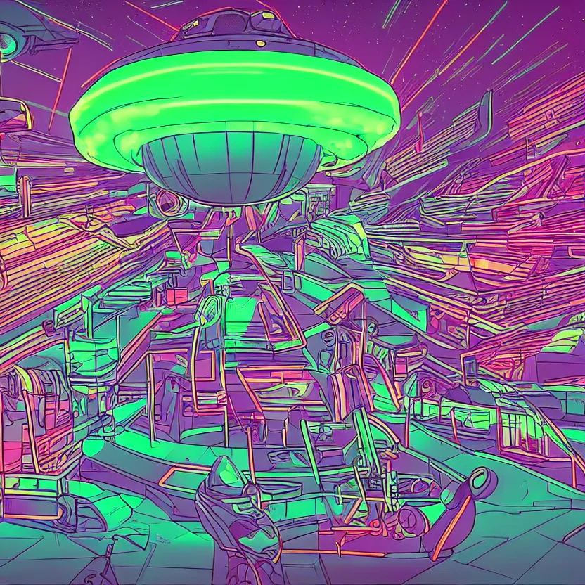 Image similar to a ufo with neon lines, epic retrowave art, trending on art station