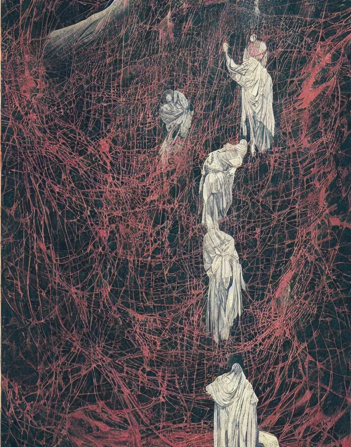 Prompt: worshippers in robes ascend a spiral staircase, spiral staircase, interior, beksinski painting, part by adrian ghenie and gerhard richter. art by takato yamamoto. masterpiece, deep colours