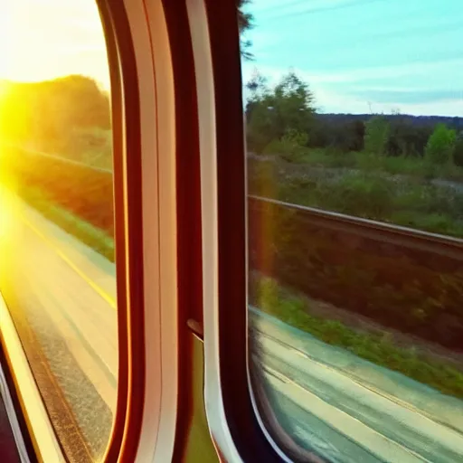 Prompt: watching the sunset from the train window with my mom,