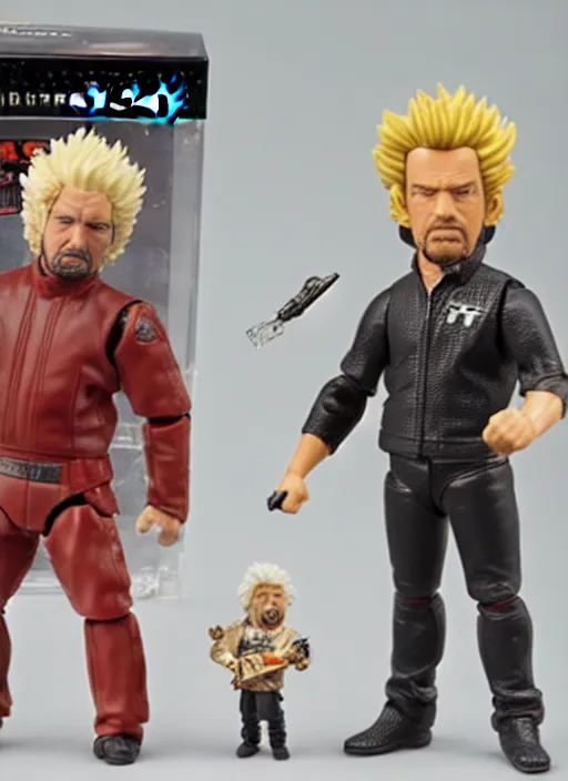 Prompt: star wars black series action figure of guy fieri fighting action figure of tony robbins, pristine toy, extremely detailed