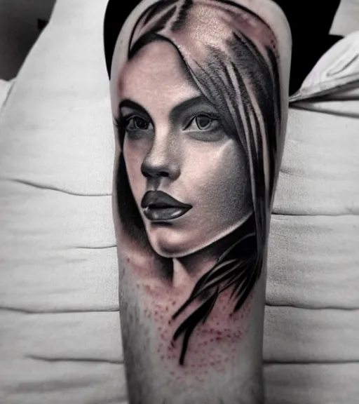 Image similar to tattoo design sketch of an extremely beautiful woman face with a faded background of stunning mountain view on her side, hyper - realistic, in the style of matteo pasqualin, amazing detail, black and white, faded