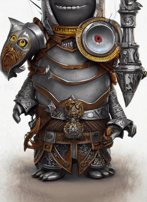 Prompt: Minion Bob as a Knight King, funny pose, fantasy art, intricate, ornate, Hyperdetailed, digital art, behance, artstation, smooth, illustration, digital painting, elegant, symmetrical,