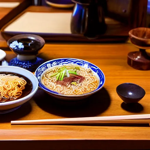 Image similar to ramen in an authentic japanese restaurant, beautiful food, michelin star kyoto restaurant, studio lighting