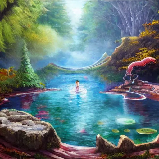 Image similar to highly detailed oil painting of a colorful hotspring with forest backdrop, focus is on a dragon, featured on artstation