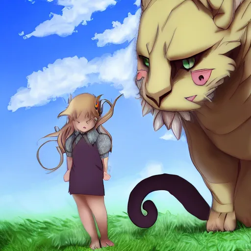 Prompt: a very large chimera looming over a small human by nurikabenuri