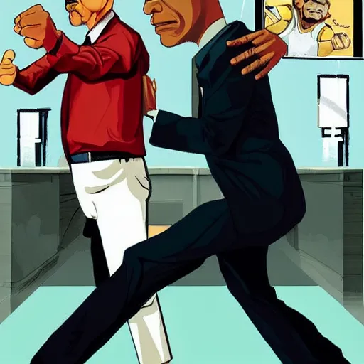 Prompt: Epic poster art of Barack Obama fighting Walter White, action shot