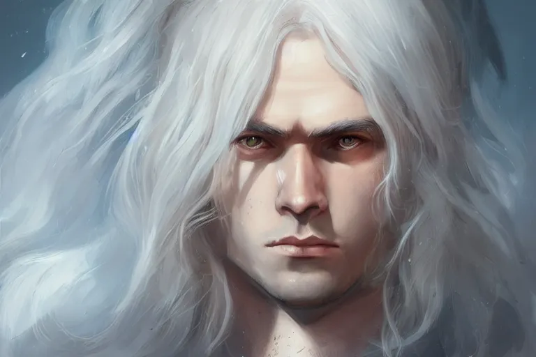 Prompt: young cute beautiful man with long white hair, d & d, fantasy, portrait, highly detailed, headshot, digital painting, trending on artstation, concept art, sharp focus, illustration, art by wlop