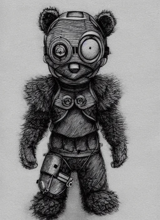 Image similar to beautiful little boy wearing an cyborg bear suit, artwork in kentaro miura and made in abyss and rosdraws, smooth, beautiful lightness, anatomically correct, trending on pixiv, forest