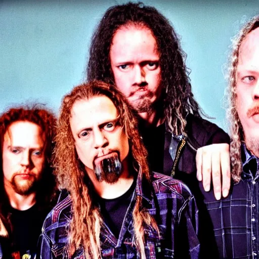 Image similar to Metallica reimagined as a grunge band, grunge-tallica, 1993, flannel shirts, Metallica