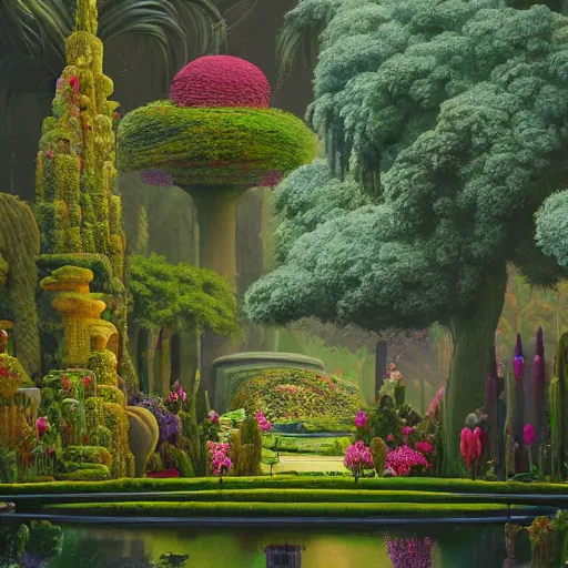 Image similar to beeple painting of a magnificent garden filled with remarkable sculptures, trees, and structures, incredible details