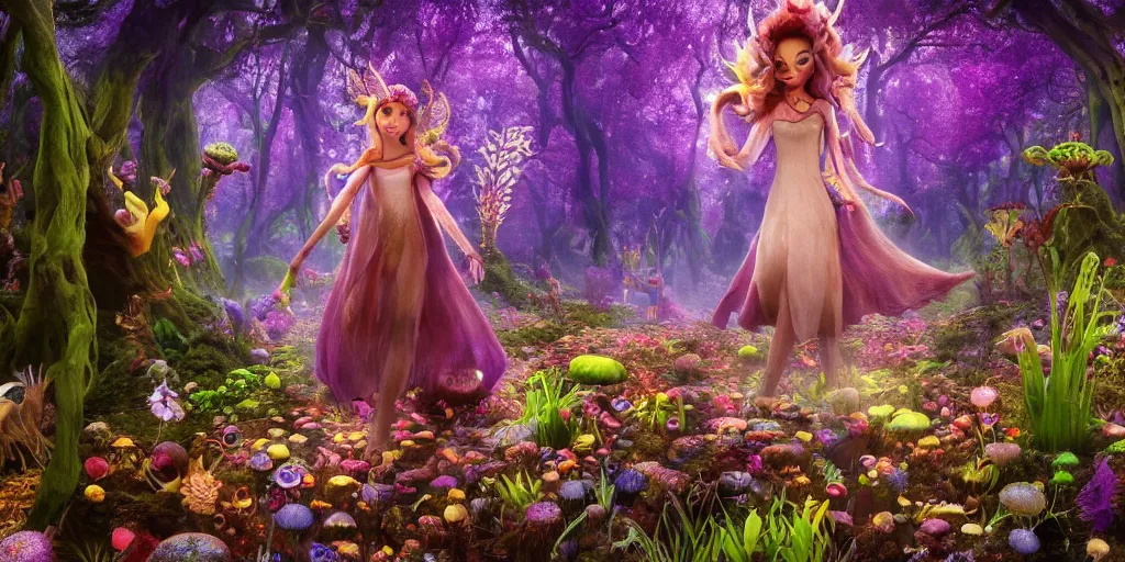 Prompt: beautiful fae queen walks through happy trippy fungal landscape, weta pixar 8 k detailed face