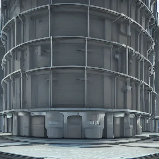 Prompt: 3 d sculpted model of scifi cylindrical bulbous industrial building facade by moebius, mass effect, starship troopers, elysium, prometheus, the expanse, high tech industrial, artstation unreal, unity, maya, houdini, dramatic cinematic lighting