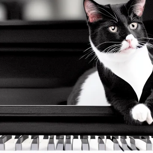 Prompt: A black and white cat in a tuxedo playing a baby grand piano.