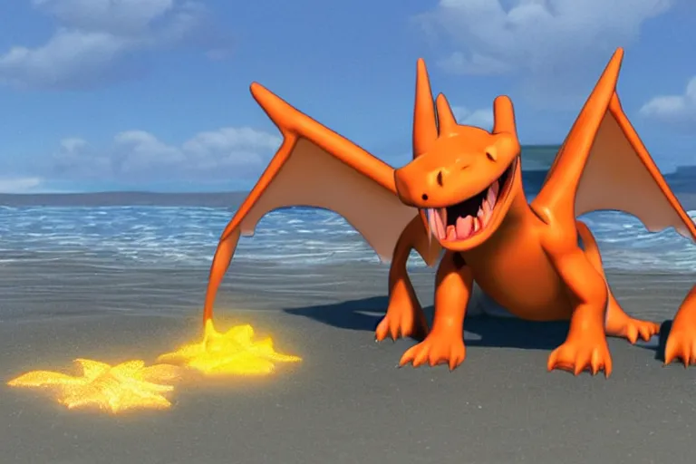 Prompt: still from a Pixar movie of a Charizard being washed up on the beach, high quality 3d render, movie, Pixar, Renderman, 4k, artstation