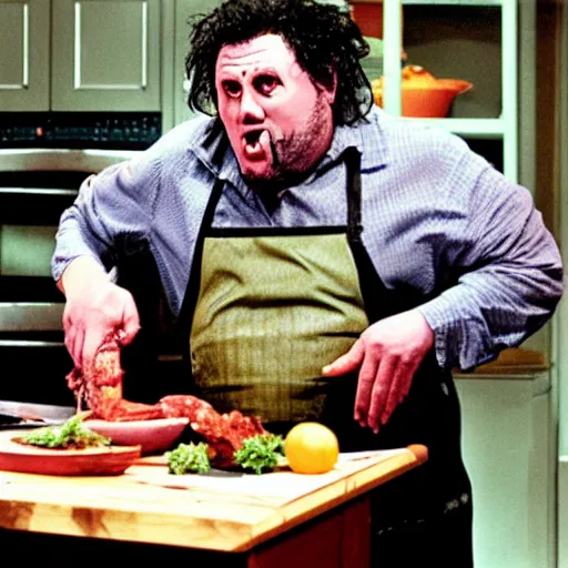 Image similar to Leatherface hosting a cooking show