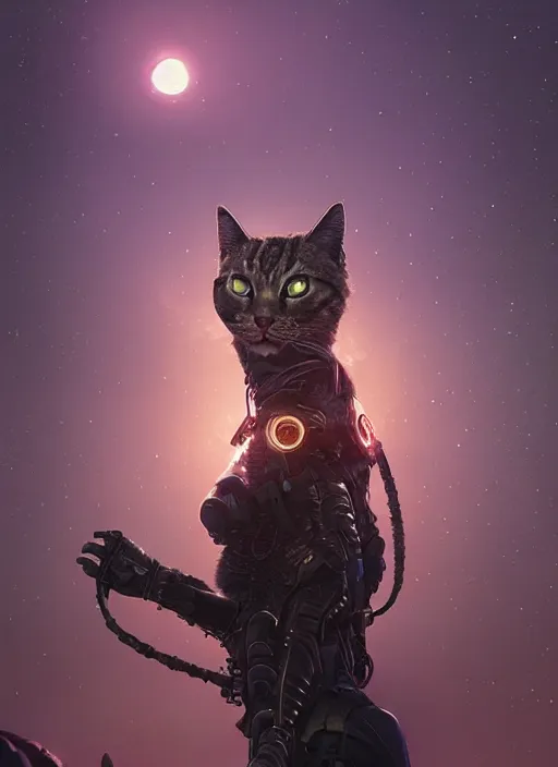 Image similar to giant cyborg cat on a dusky land, art by artgerm and greg rutkowski, cinematic shot, intricate, ornate, photorealistic, ultra detailed, trending artstaition, realistic, 1 0 0 mm, photography, octane, high definition, depth of field, bokeh, 8 k