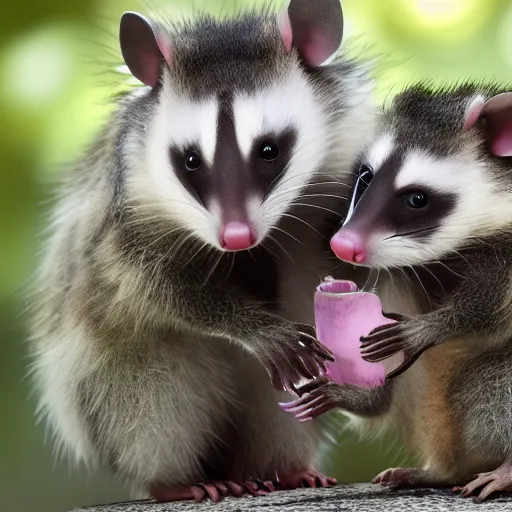 Image similar to a cute photograph of an opossum and american raccoon hugging, realistic 4k, unreal engine 5, award winning, HD UHD FHD