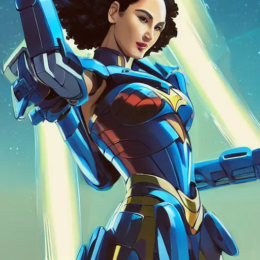 Image similar to a portrait of a stunning beautiful elite gal gadot gundam pilot, with an intricate, detailed, urban inspired hiphop afro futuristic helmet, vector behance hd jesper ejsing, rhads, makoto shinkai, lois van baarle, ilya kuvshinov, rossdraws, hd, 3 2 k, ilya kuvshinov, gustav klimt